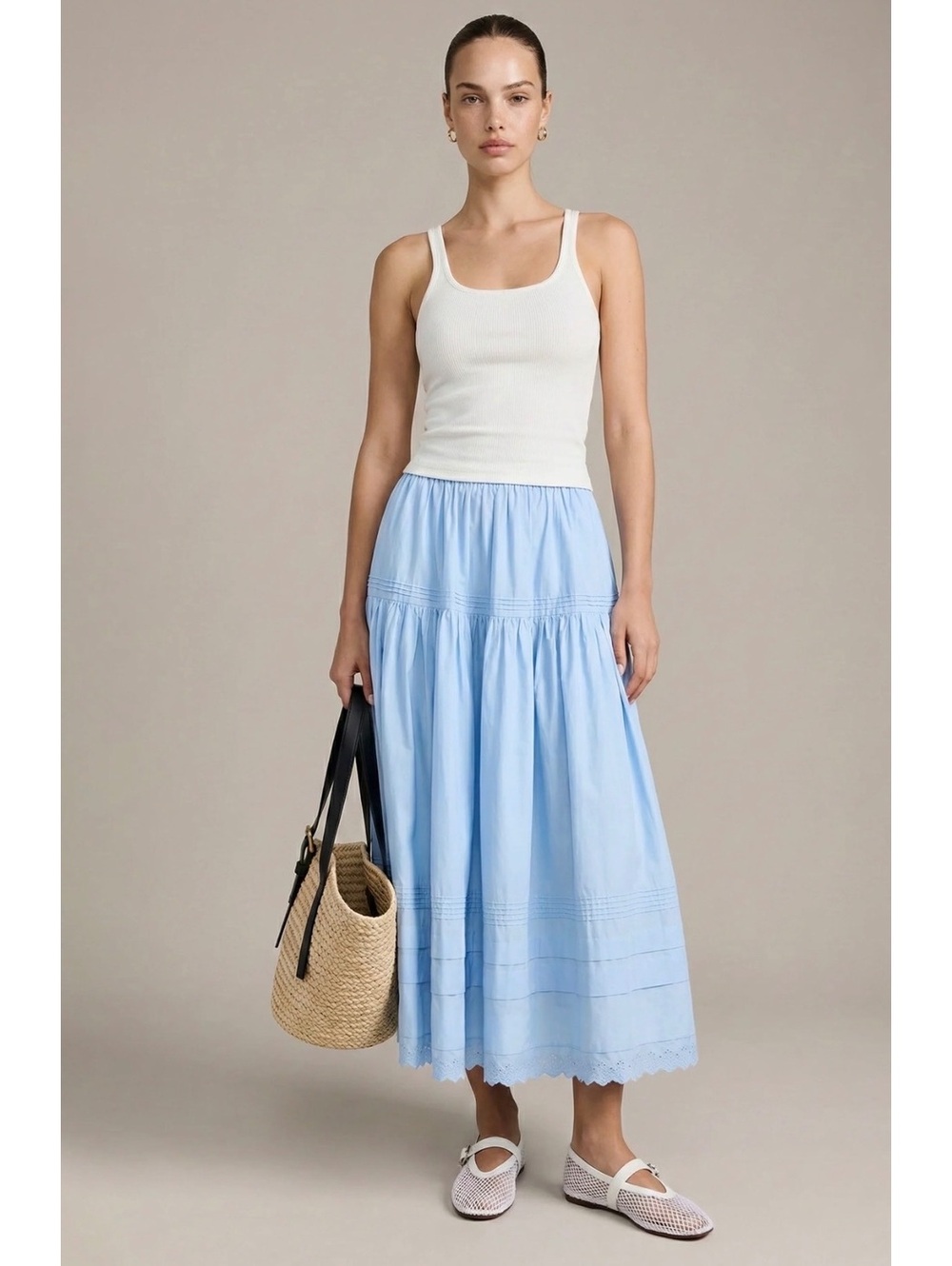 o.p.t by Few Moda Beth Cotton Floaty Maxi Skirt Lace Trim Size 6 Light Blue - Picture 7 of 9